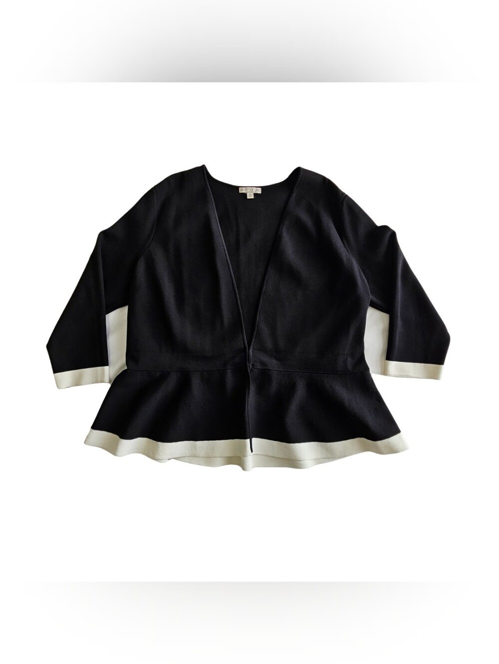 eva mendes for New York & Company Black Cardigan with Cream Trim Peplum